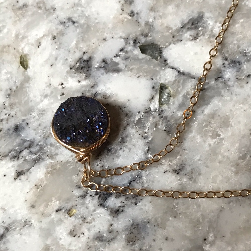 Midnight blue druzy quartz stone necklace